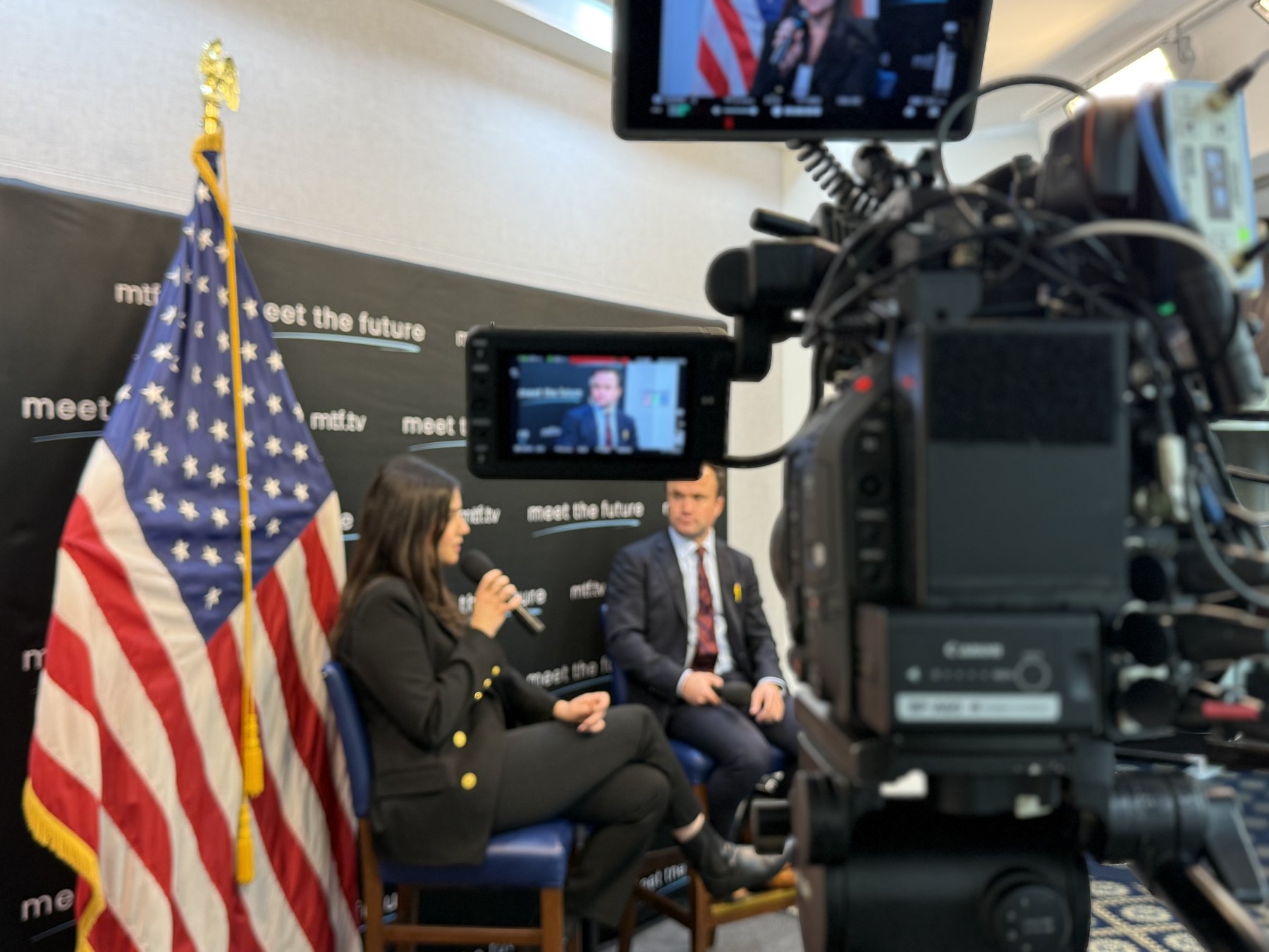 Camera and lighting rigged for a Capitol Hill interview setup